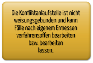 Die Konfliktanlaufstelle ist nicht weisungsgebunden und kann Fälle nach eigenem Ermessen verfahrensoffen bearbeiten  bzw. bearbeitenlassen.
