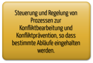Steuerung und Regelung von Prozessen zur Konfliktbearbeitung und Konfliktprävention, so dass bestimmte Abläufe eingehalten werden.