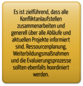 Es ist zielführend, dass alle Konfliktanlaufstellen zusammenarbeiten und generell über alle Abläufe und aktuellen Projekte informiert sind. Ressourcenplanung, Weiterbildungsmaßnahmen und die Evaluierungsprozesse sollten ebenfalls koordiniert werden.