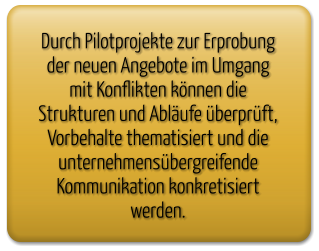 Durch Pilotprojekte zur Erprobung der neuen Angebote im Umgang mit Konflikten können die Strukturen und Abläufe überprüft, Vorbehalte thematisiert und die unternehmensübergreifende Kommunikation konkretisiert werden.